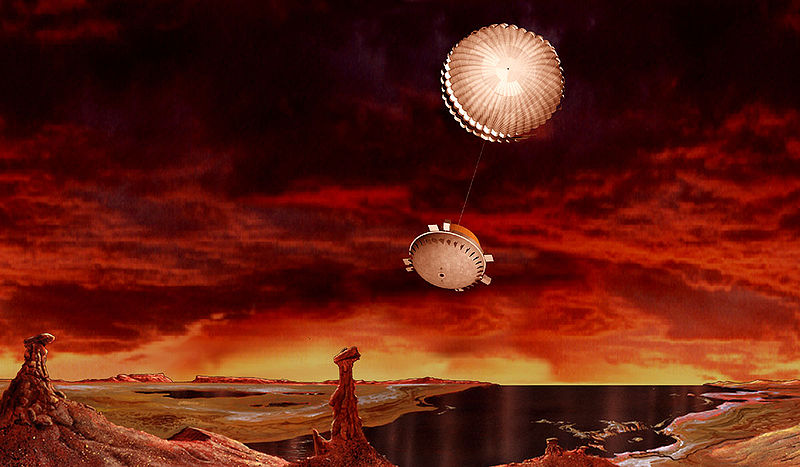 800px-Titansurface-2-hi-1- An artist's rendition: Huygens probe landson the surface of Titan.