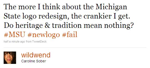 Twitter status message about Michigan State logo redesign