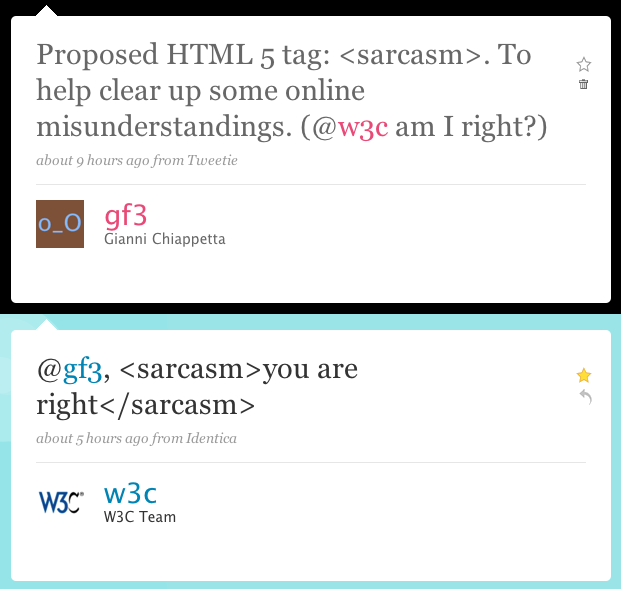 A Twitter exchange requesting the inclusion of a sarcasm tag in HTML 5