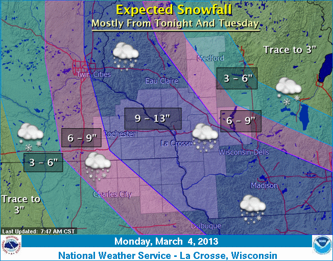 NWS map courtesy of the La Crosse, WI office, showing snowfall expected for winter storm March 5.