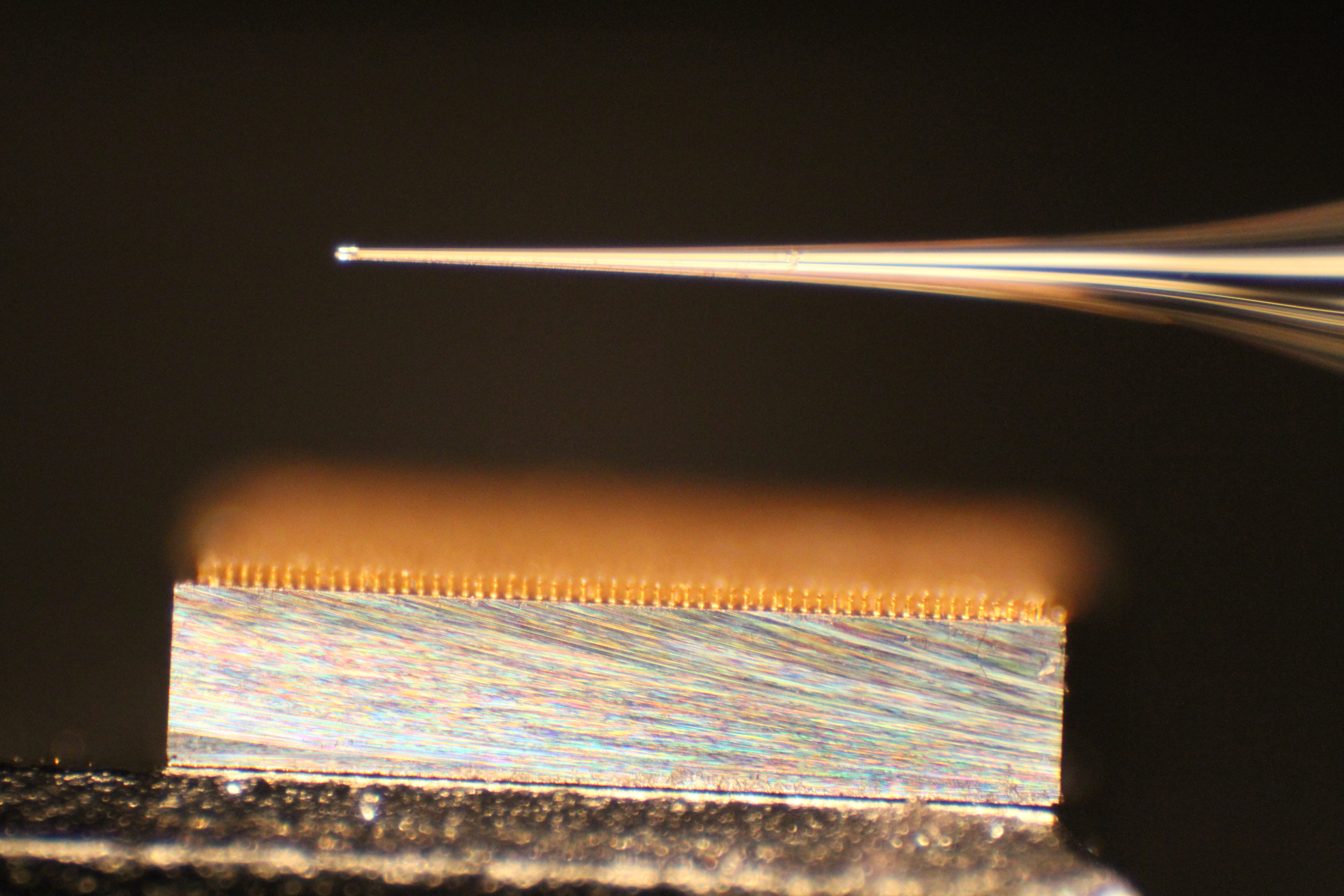 Microscopic view of the tip of a syringe above the microprojections of the Nanopatch. (Source: Kendall/D2G2 Research Group)