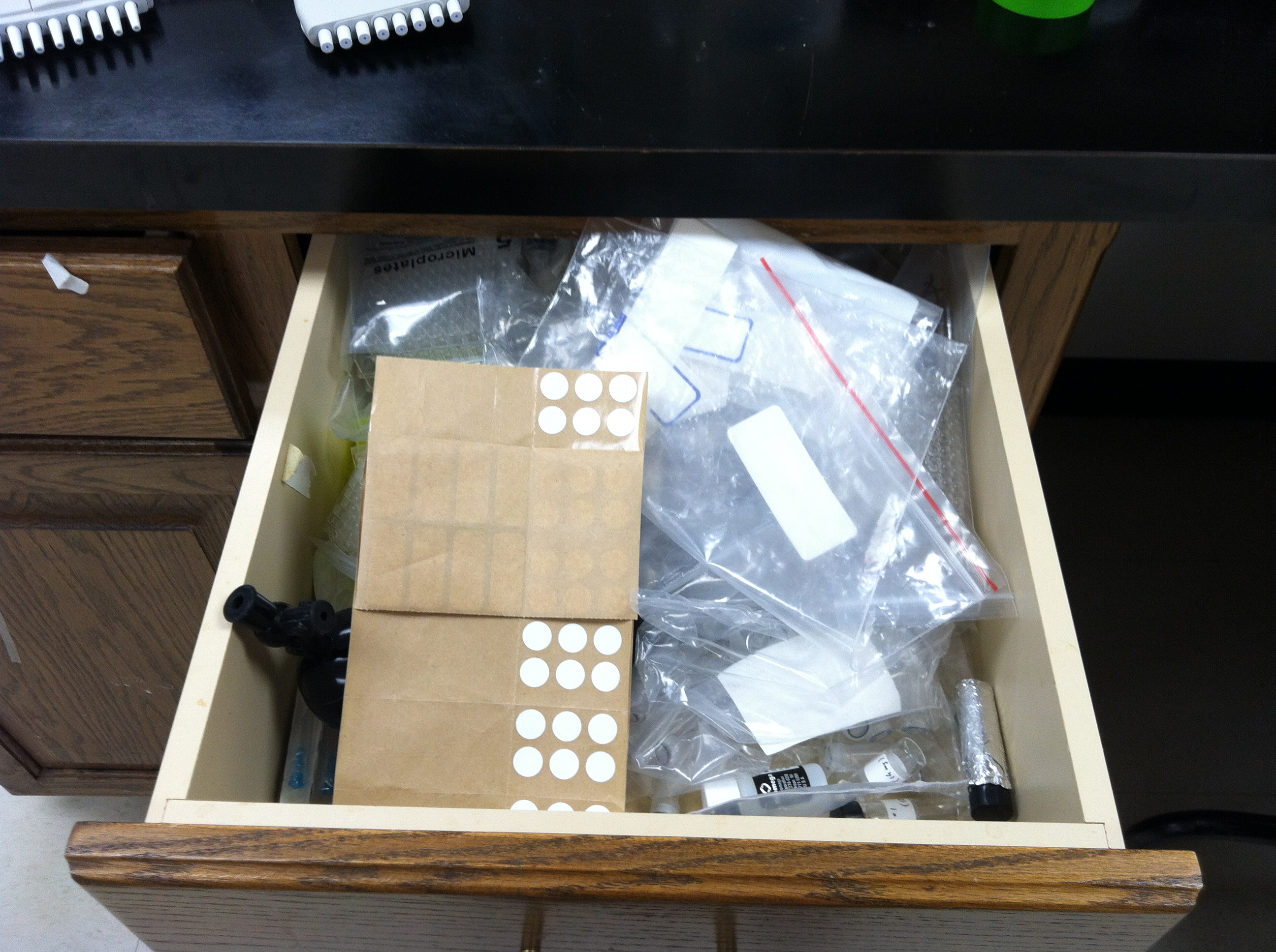 The bag drawer: complete with random, old empty glass vials.