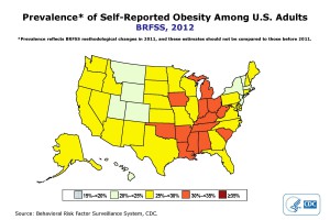 2012 CDC-based data on U.S. obesity percentages by state.