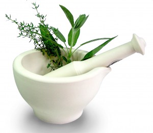 pestle and mortar with leaves