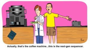 Cartoon depicting a coffee machine next to a next-generation sequencer. 