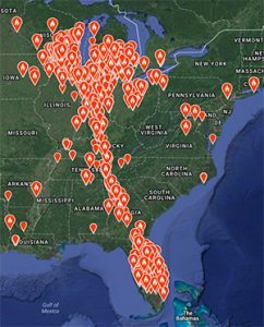 Map showing reports of Sandhill Crane spotting along their migration route.