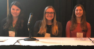 From left: Amani Gillette, graduate student, former YA,and current mentor; Ava VanDommelen, undergrad and former YA; Isabel Jones, YA; speaking at the sySTEMnow conference, November 2018. 