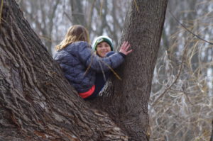two girls climbing a tree