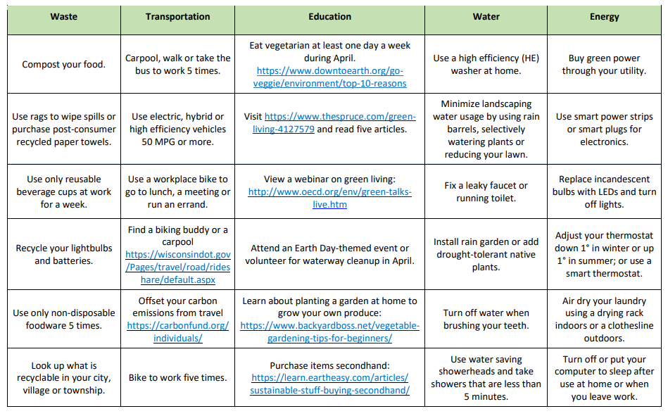 Green Go Challenge bingo sheet