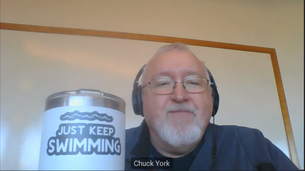 VP of Operations shows his just keep swimming blog in the virtual town hall.