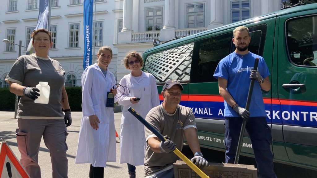 Kasia Slipko (middle) and her lab at Vienna University of Technology. She and colleagues are exploring using wastewater to monitor viral disease outbreaks.