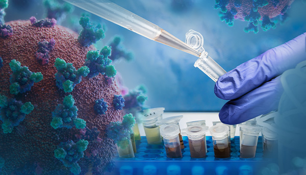 Image of coronavirus superimposed over laboratory tech performing an experiment. Methods for detecting SARS-CoV-2 in wastewater are becoming standardized. 
