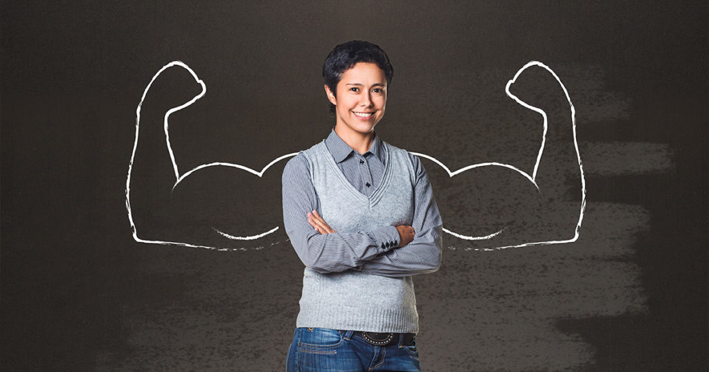here is hidden strength in vulnerability Woman with cartoon strong arms drawn behind her. 