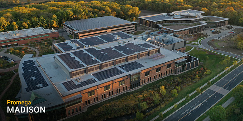 Solar Panels on three Promega Madison buildings - Corporate Responsibility focuses on sustainability and supporting our employees, customers and communities.