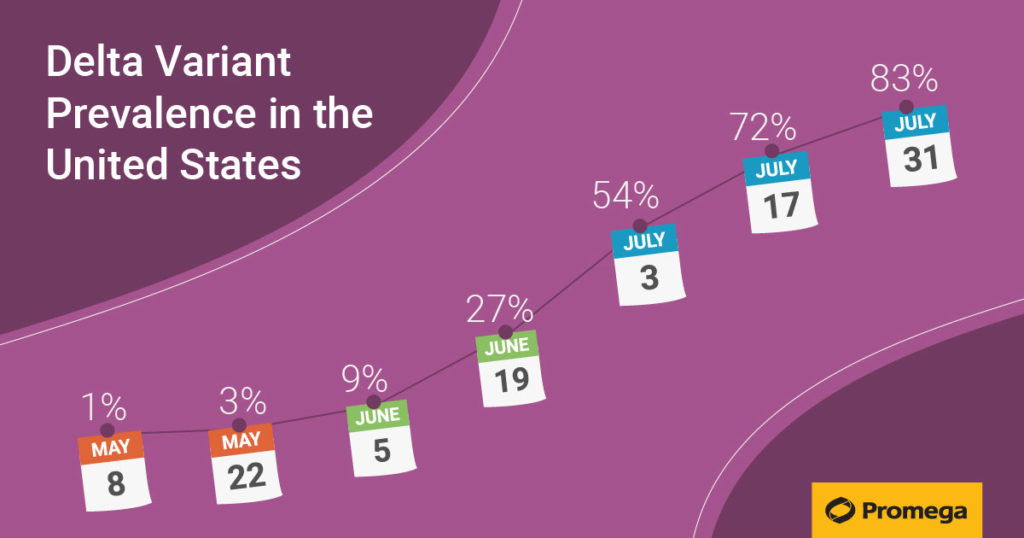 The Delta Variant has grown in the United States from 1% prevalence in May to 83% at the end of July 2021.