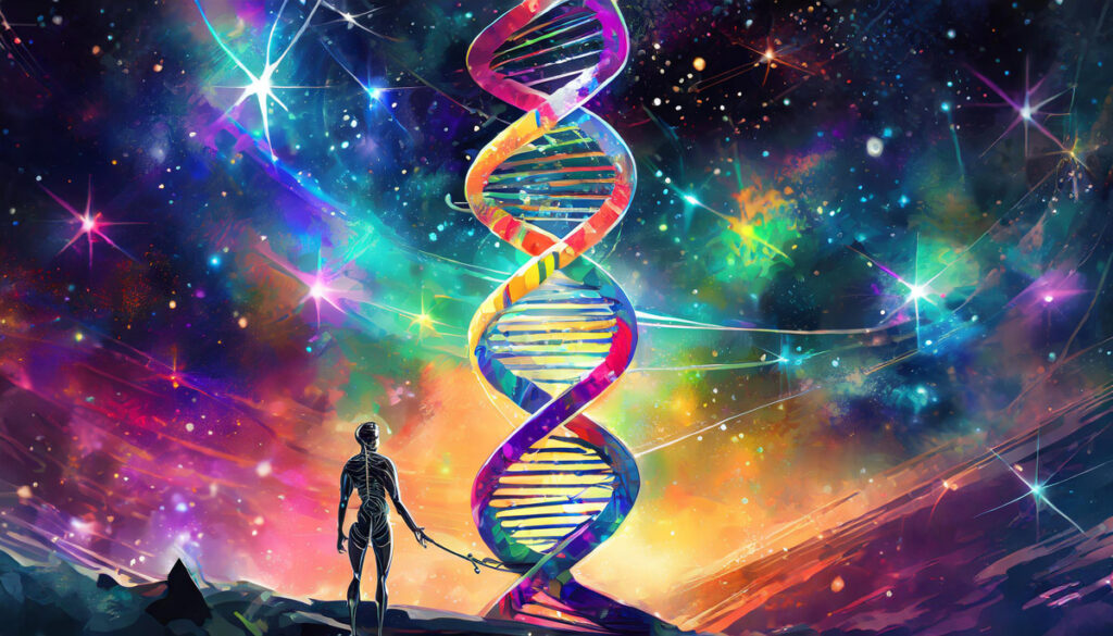 AI personified looking at a dna double helix against an abstract cosmic background