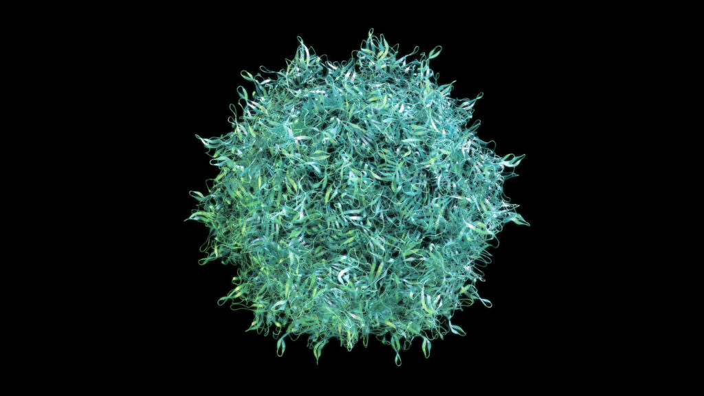 A teal colored ribbon model of a AAV virus capsid floats against a black background.