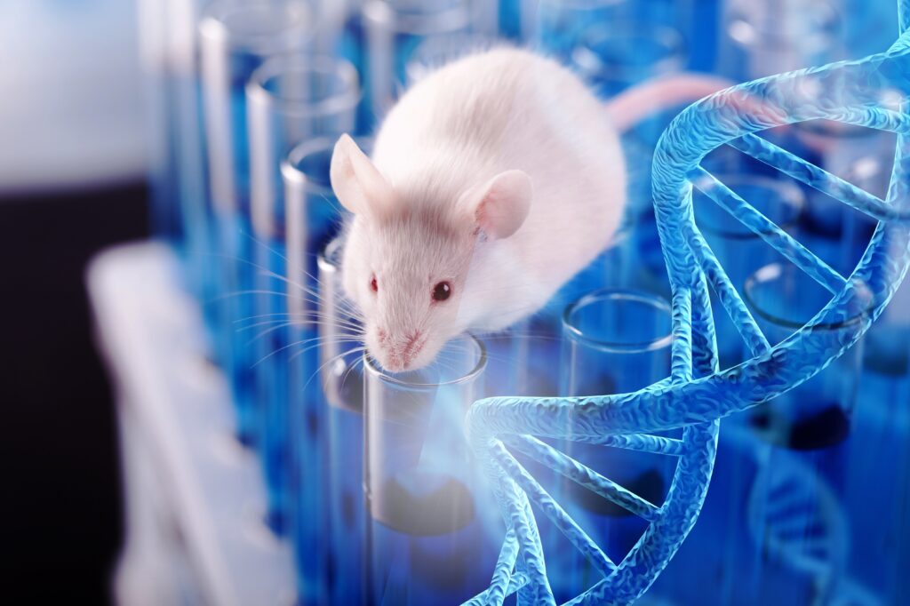 A mouse stands on test tubes next to graphic of DNA double helix.