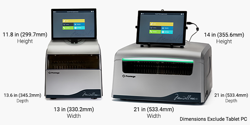 Picture showing the  Maxwell RSC and Maxwell RSC 48 instruments with dimensions labeled on each instrument.