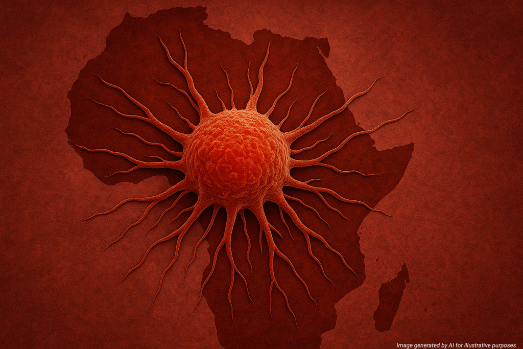 A digitally rendered illustration of a cancer cell superimposed over the African continent. The cancer cell, with a textured, reddish-orange surface and extending tendrils, appears to spread across the dark red map of Africa, symbolizing the impact or presence of cancer on the continent.