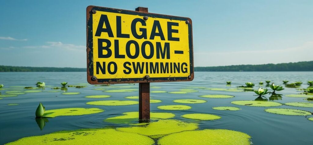 Warning sign reading "ALGAE BLOOM – NO SWIMMING" posted in a lake with visible green algae floating on the water's surface, surrounded by lily pads and aquatic plants under a clear blue sky.